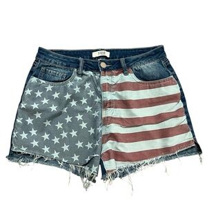 American Flag  Jean Shorts YMI Size 13 frayed distressed stars stripes Country